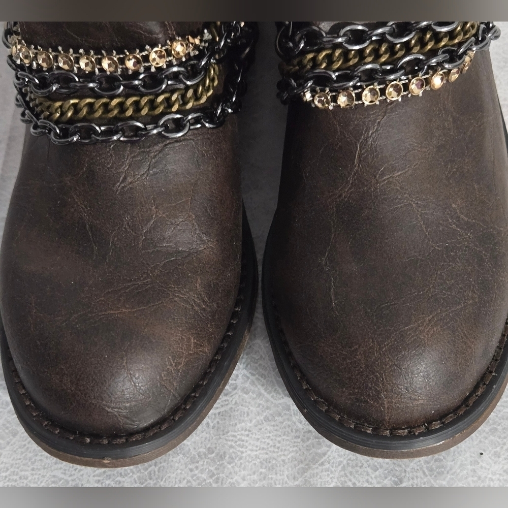 Candie's Girl 3 Brown Combat Moto Ankle Boots Chains Zipper - Picture 6 of 11